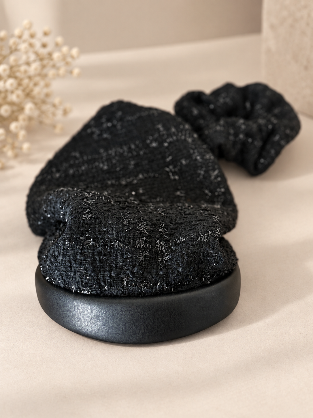 Lili -Serre-tête noir similicuir filet Tweed
