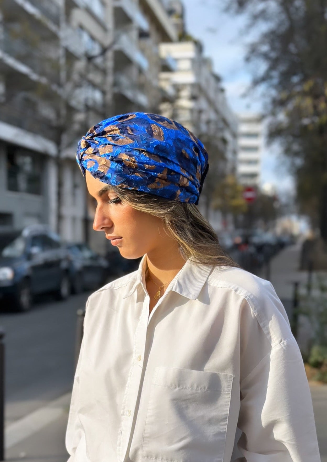 Turban Velours de SOI Bleu et Beige