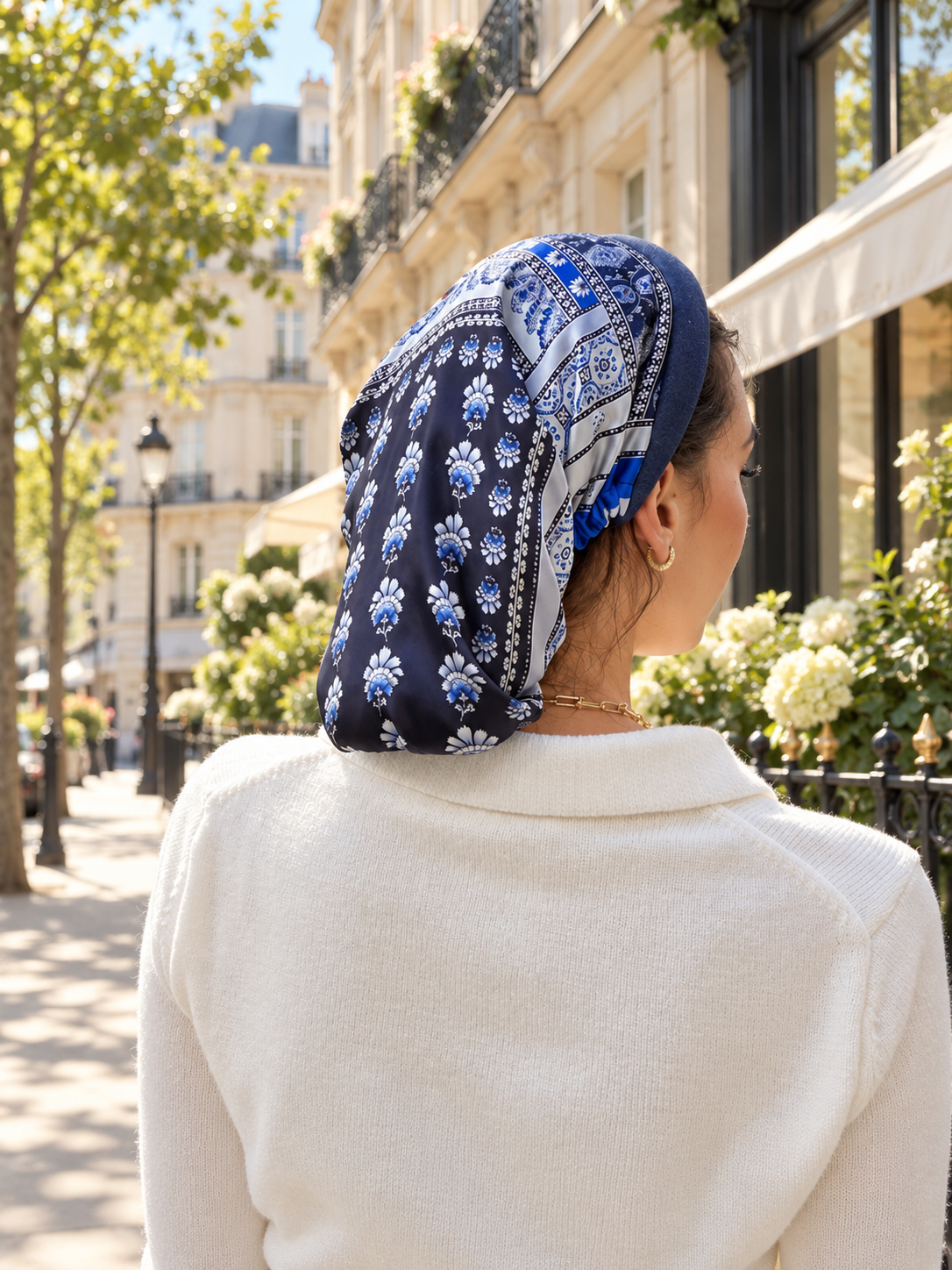 Azélie – Serre tête Bleu jean & imprimé floral