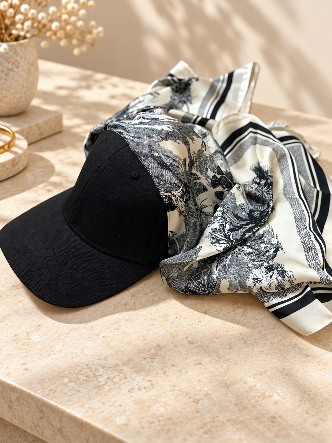 Casquette Foulard RM toile de jouy noire