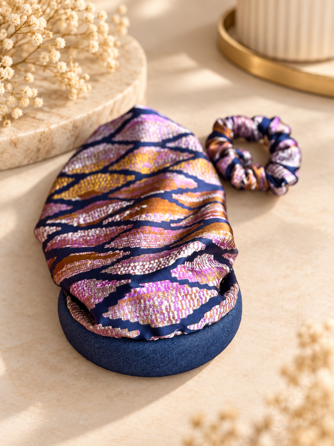 Rose -Serre-tête jean filet foulard