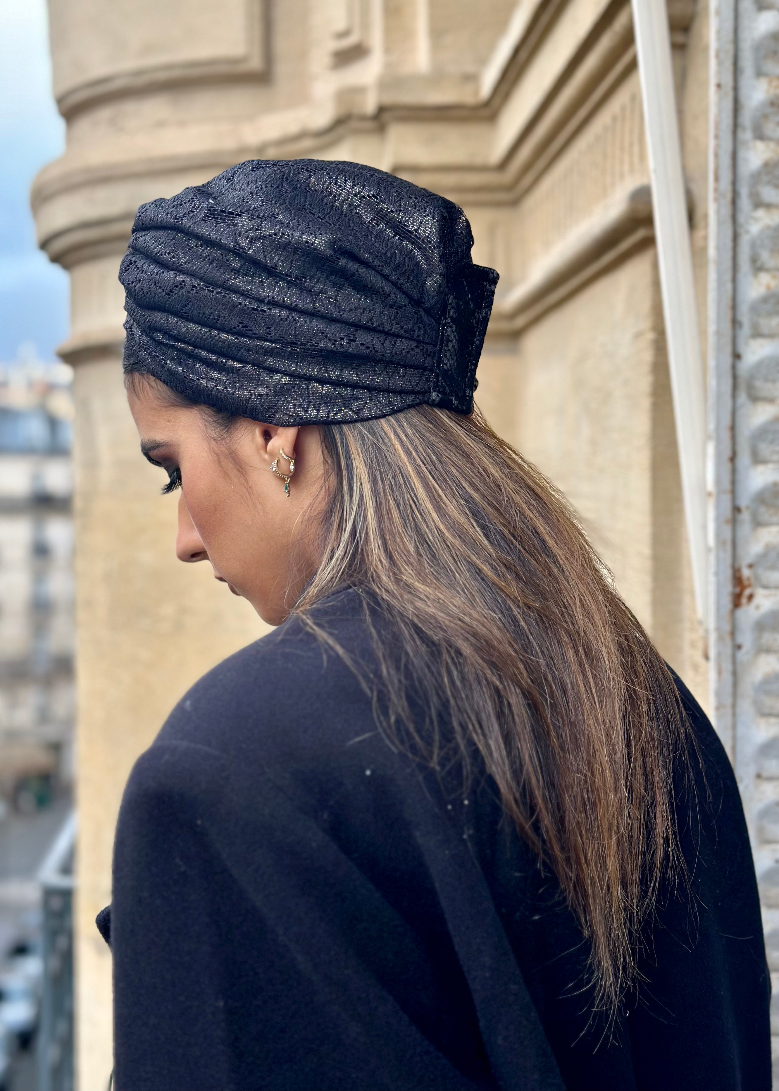 Turban Dentelle Noir Brillant