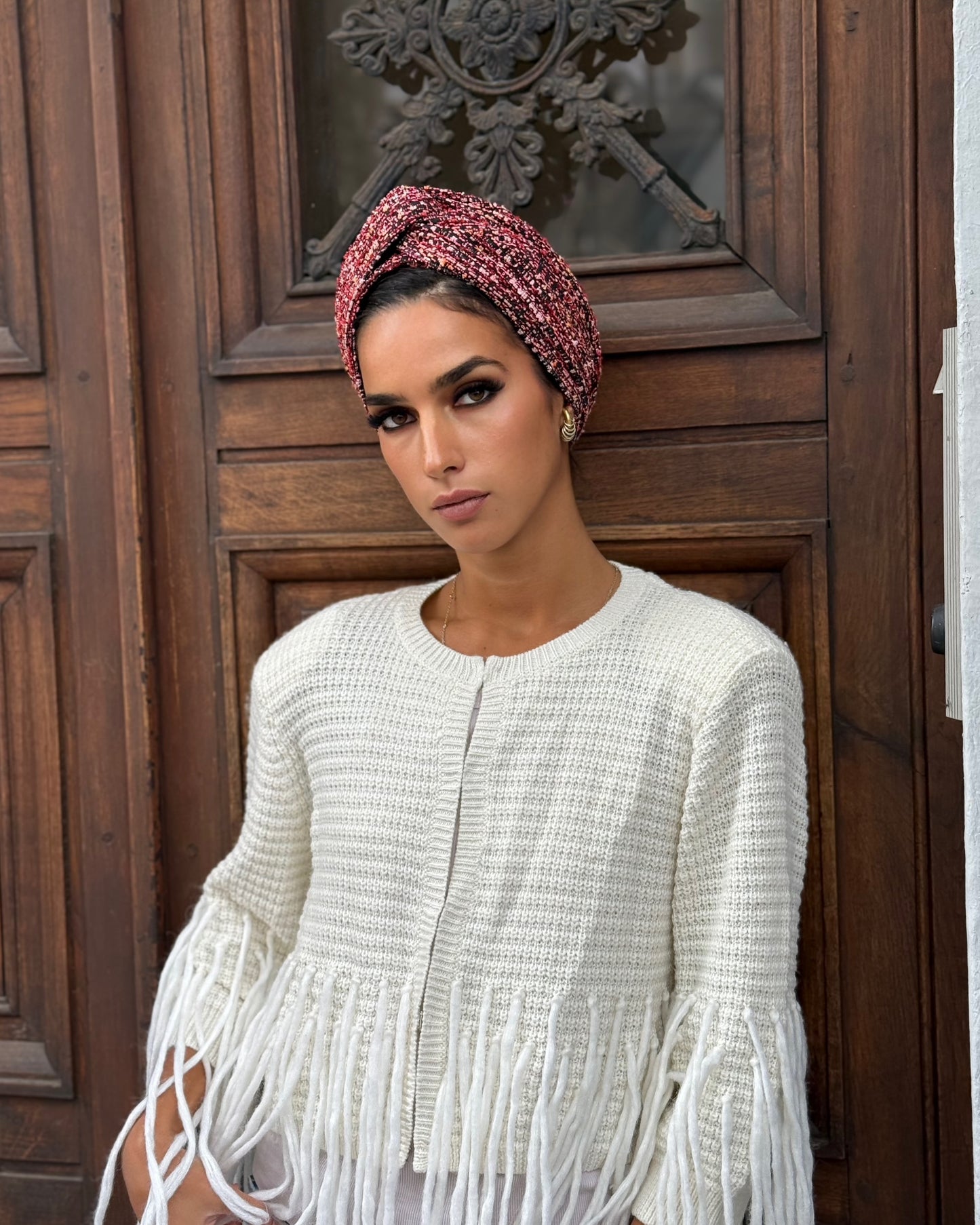 Turban tweed Bordeaux rose élégance