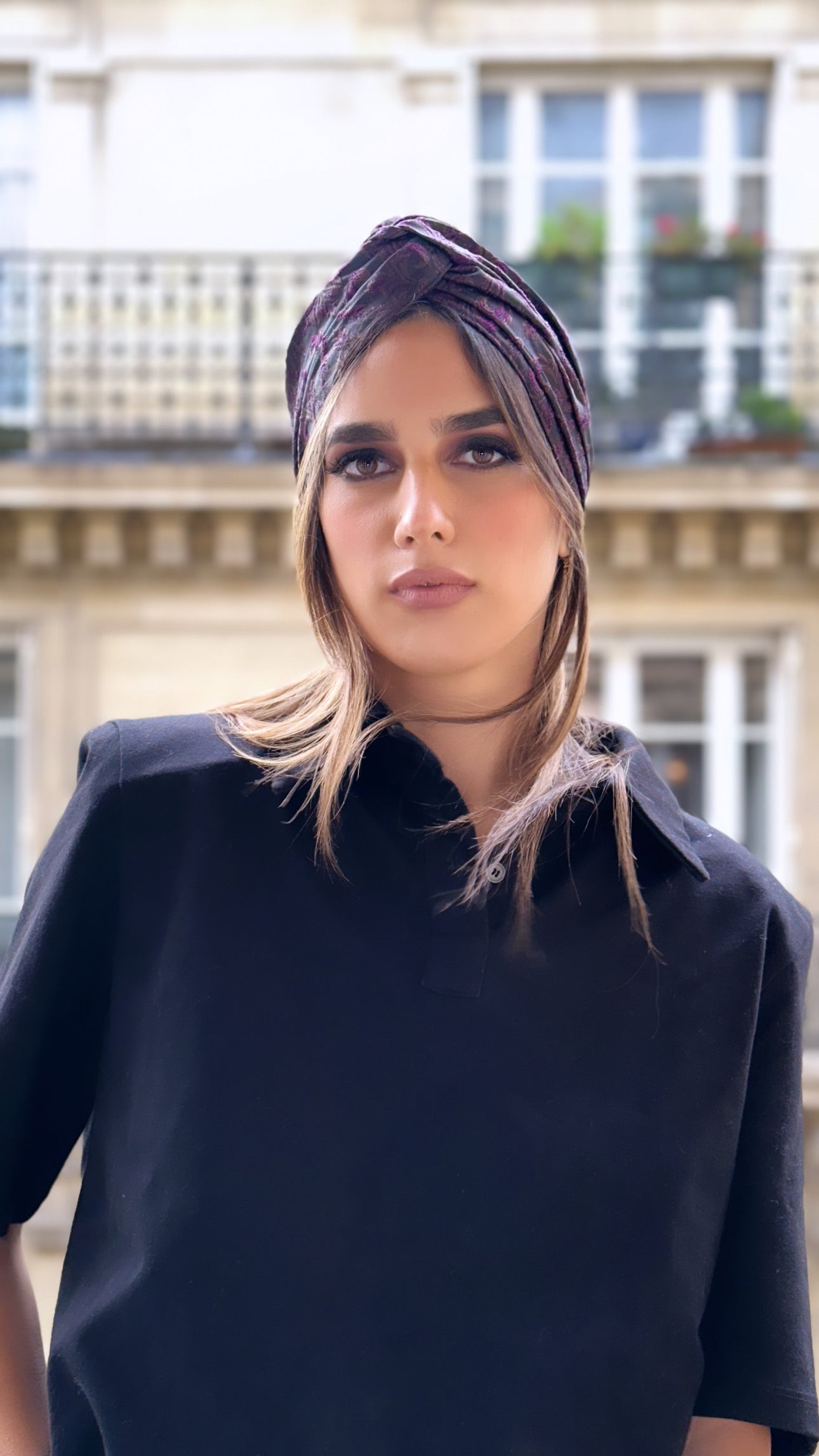 Turban Brocard Violet et Noir