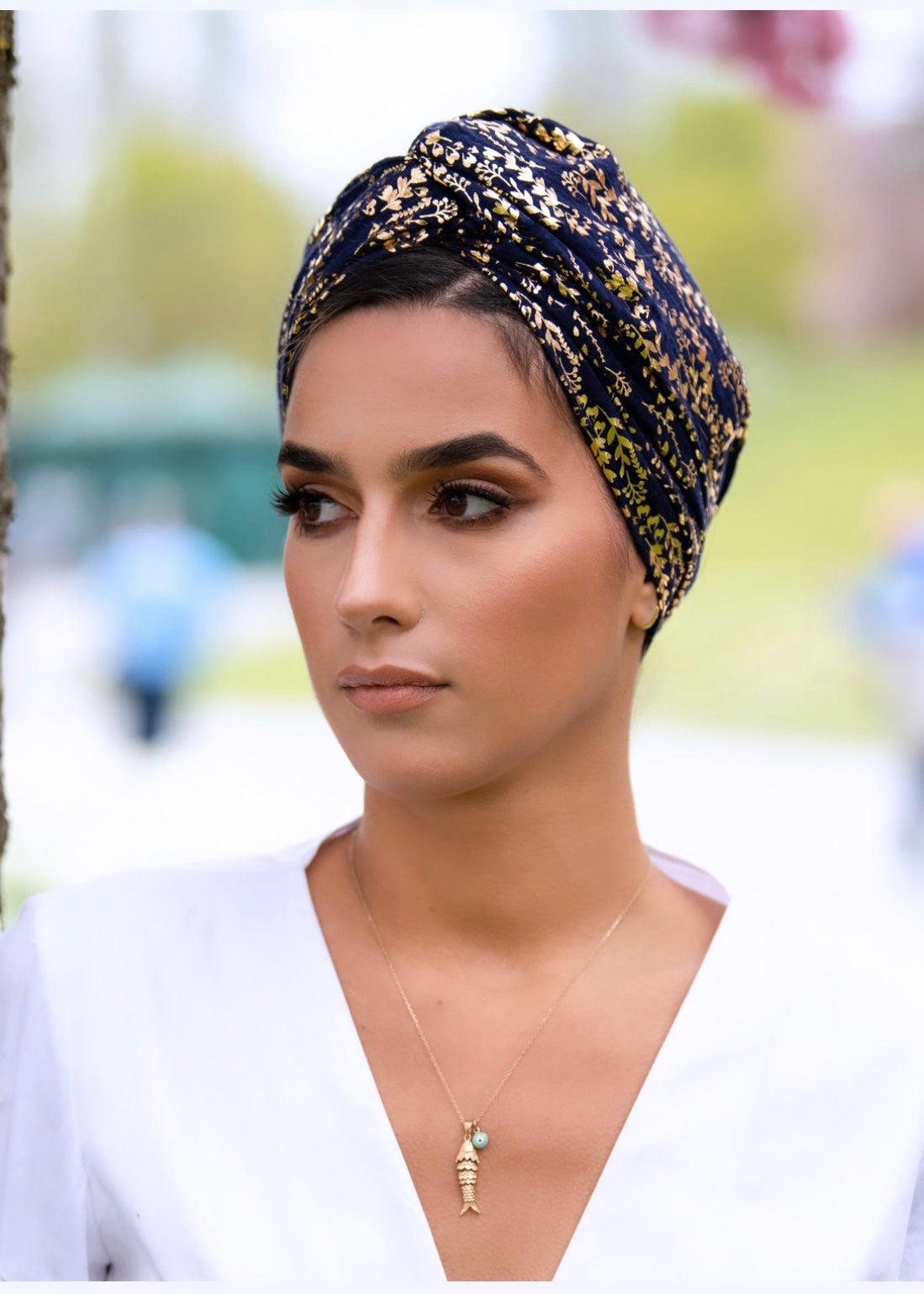 Turban Bleu Marine feuille Doré