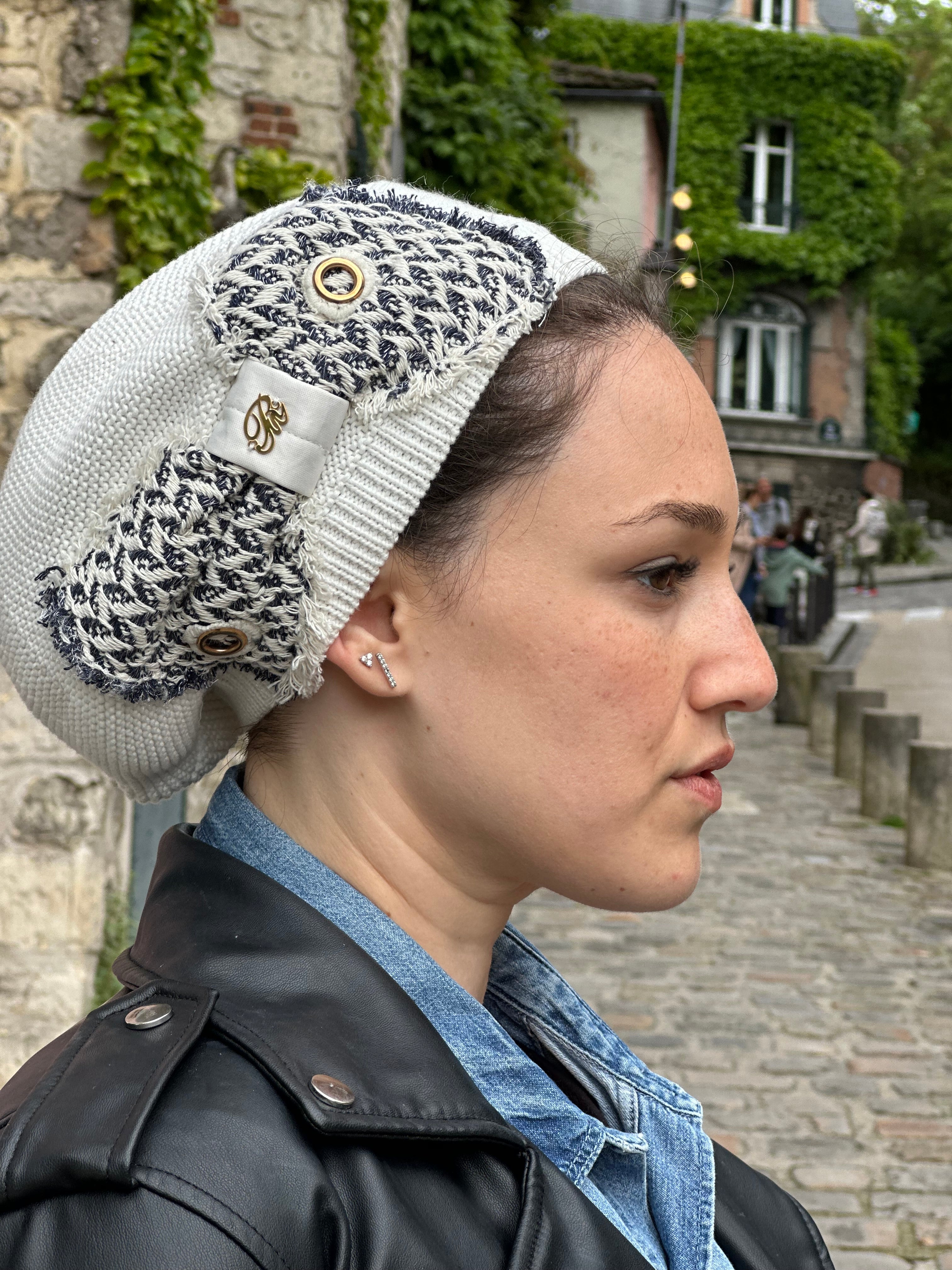 Béret Écru Noeud tweed écru et bleu