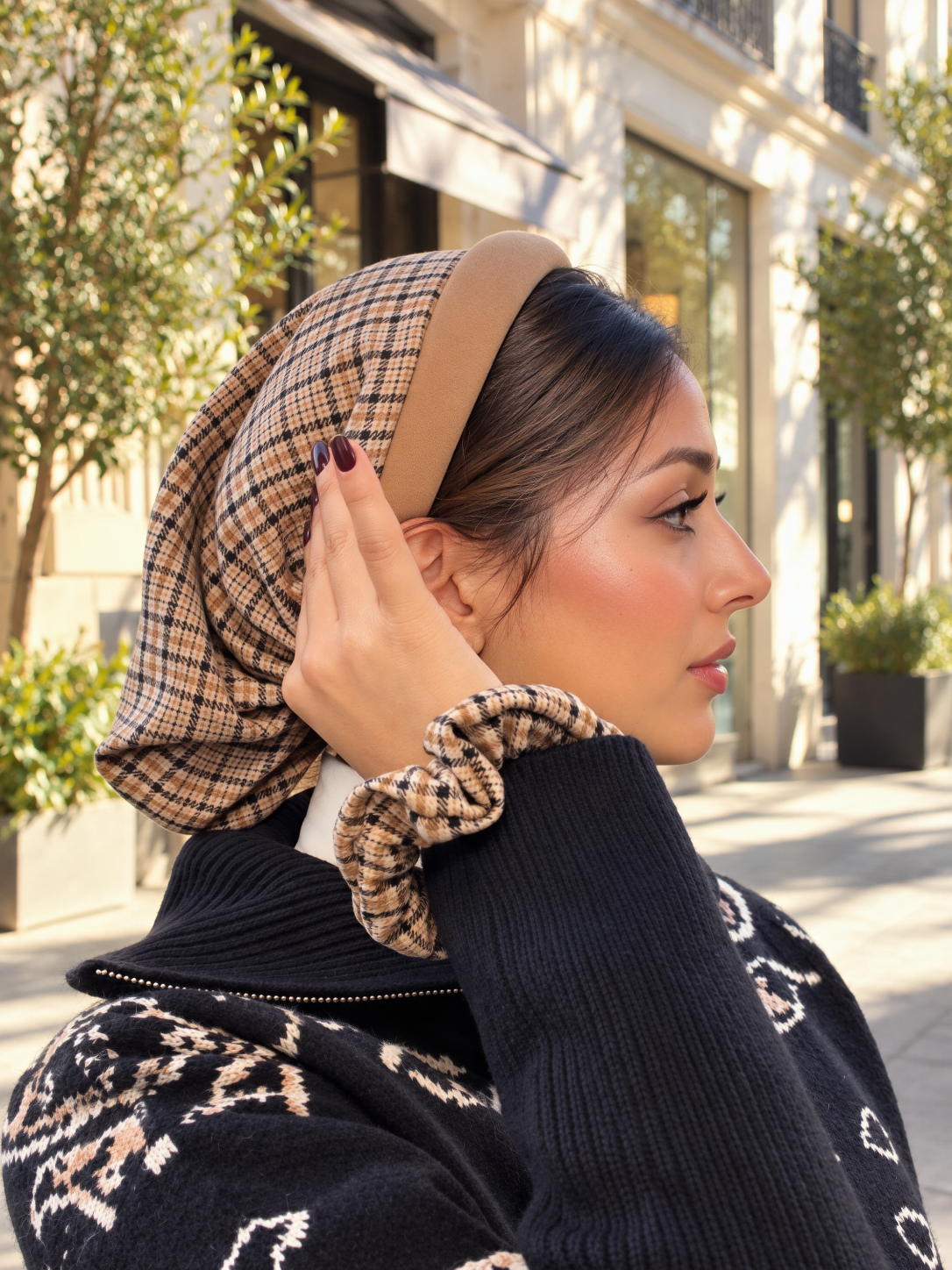 Serre-tête Camel filet Carreau beige et noir