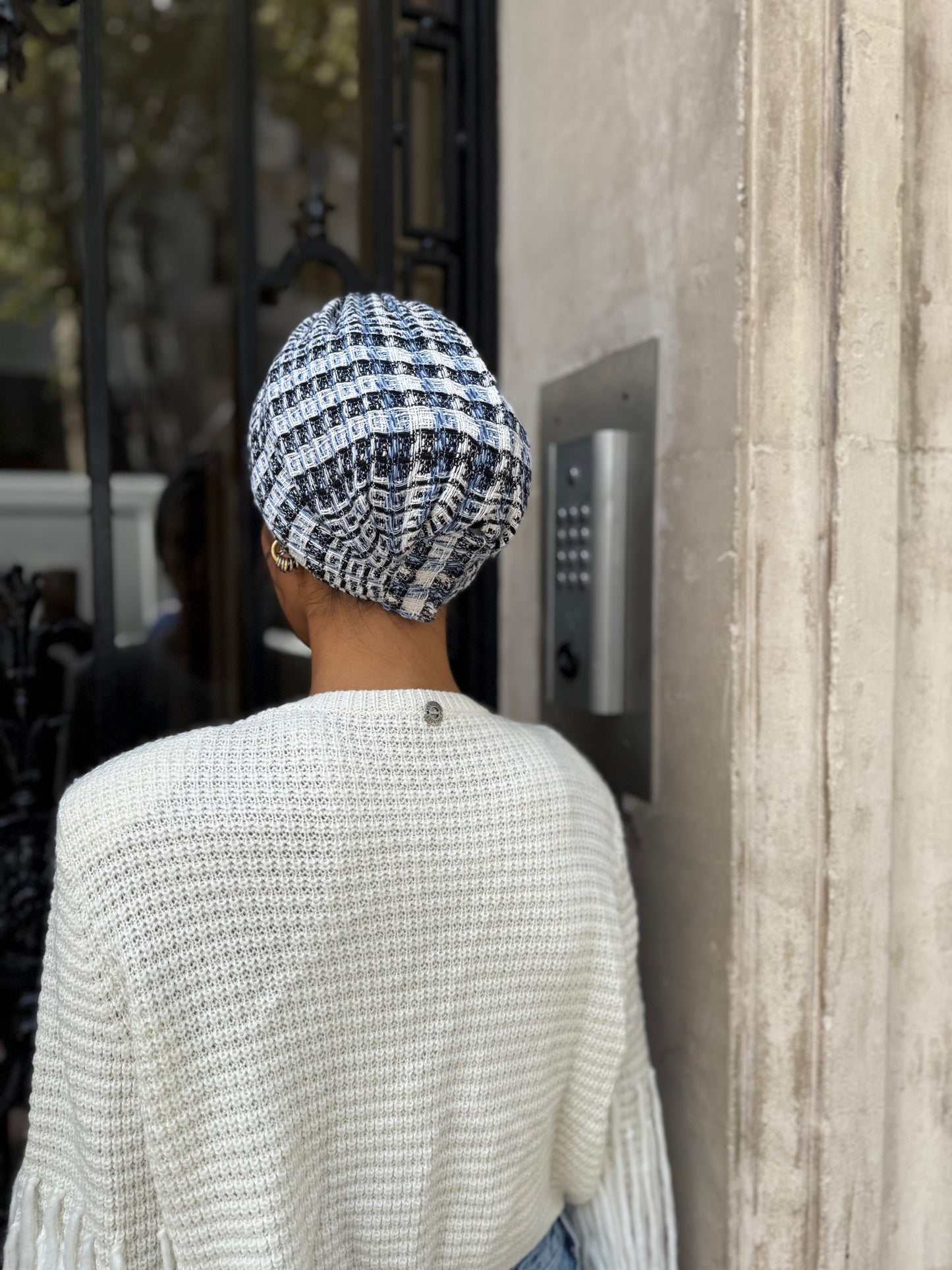 Turban tweed bleu blanc noir