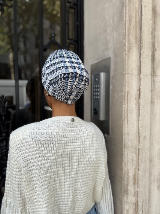 Turban tweed bleu blanc noir