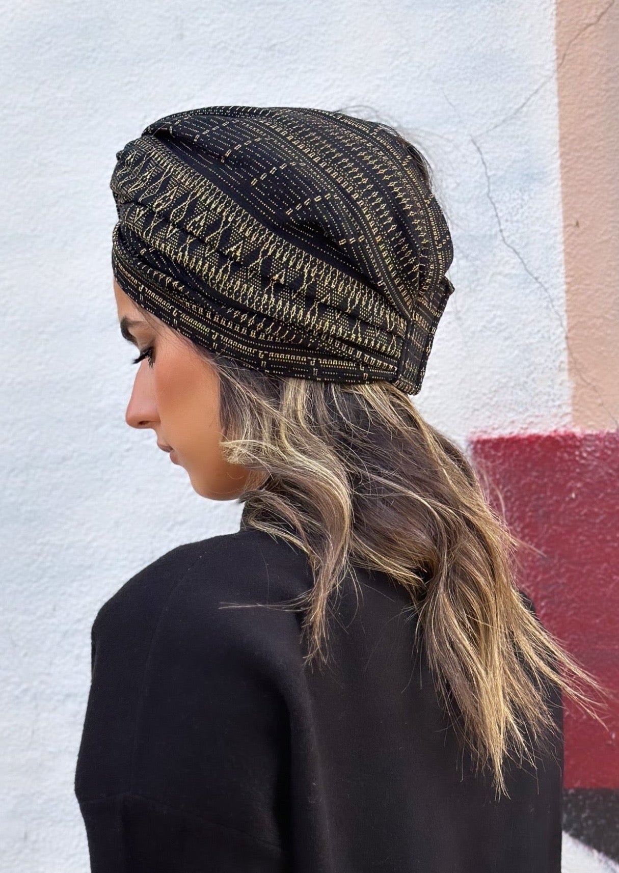 Turban Jacquard Noir et Or