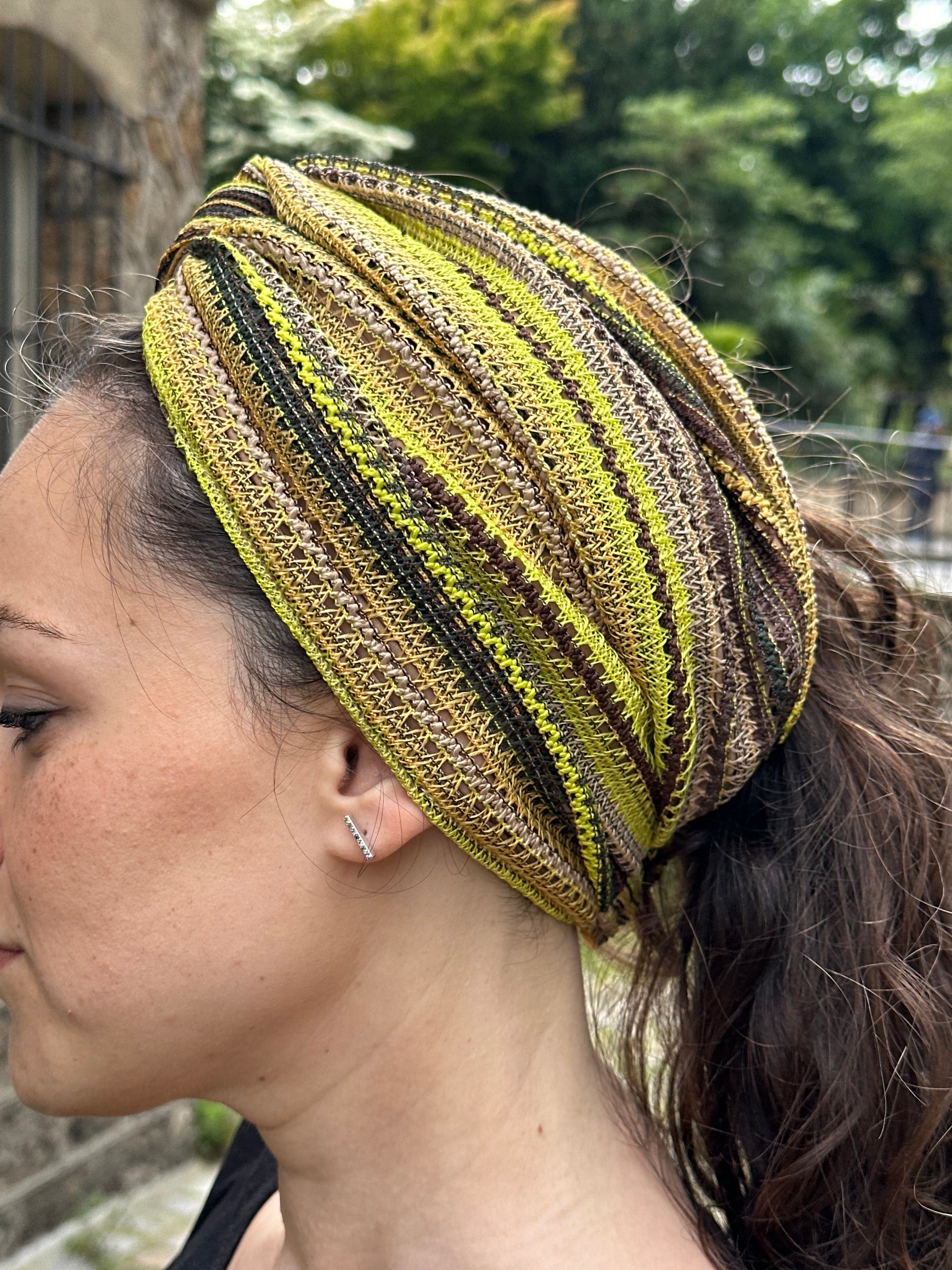 Turban Crochet Rayure Vert Kaki Jaune