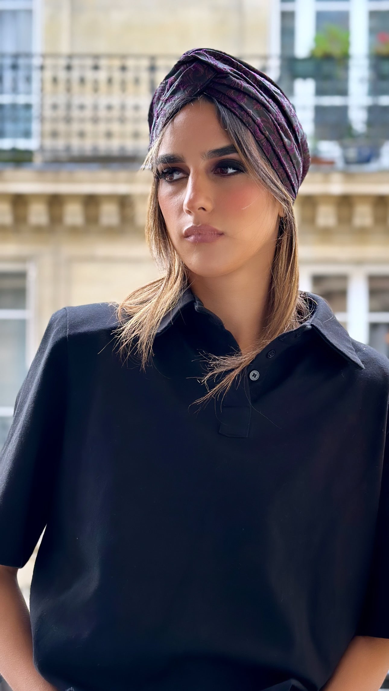 Turban Brocard Violet et Noir