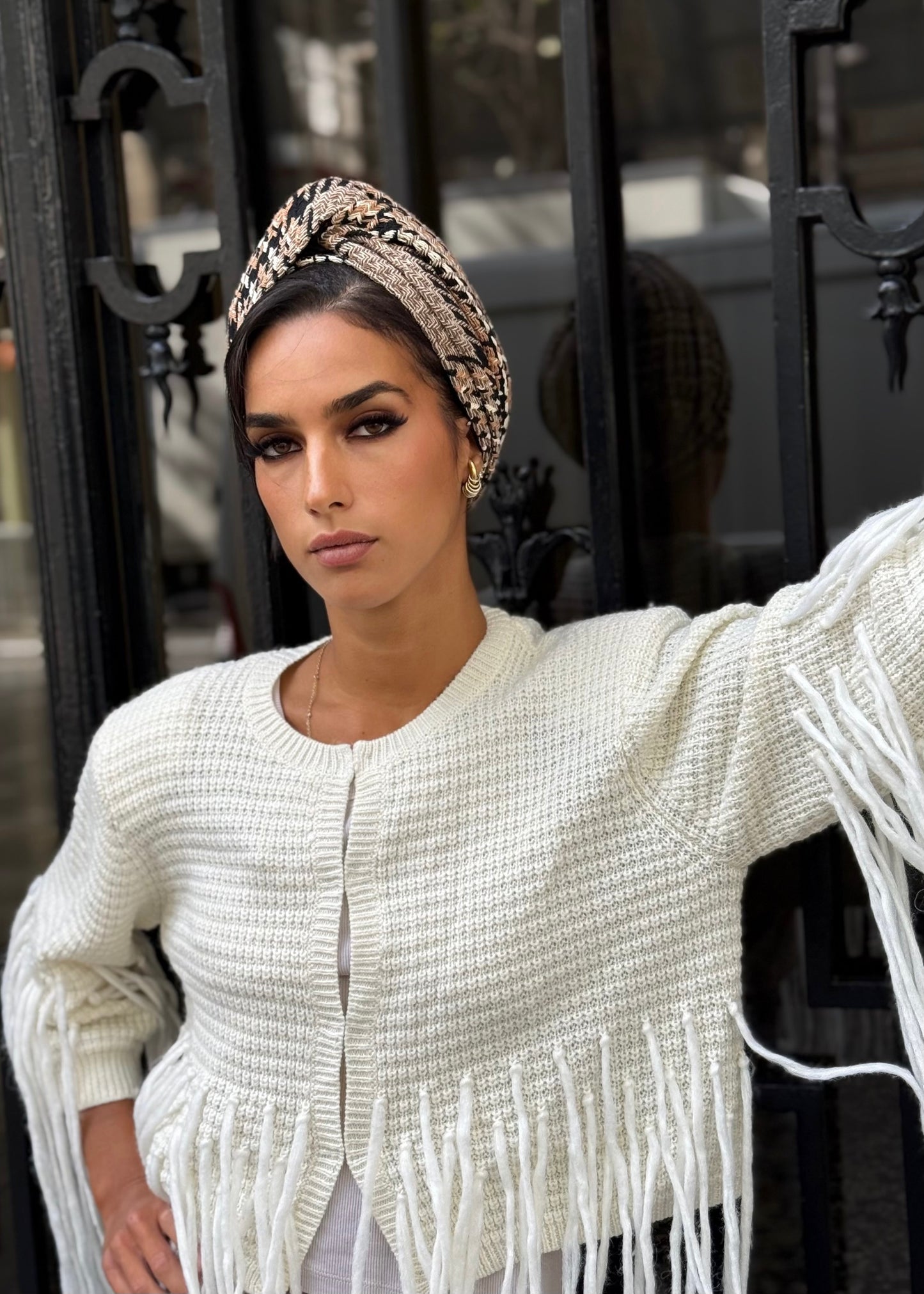 Turban tweed Carreau beige camel noir