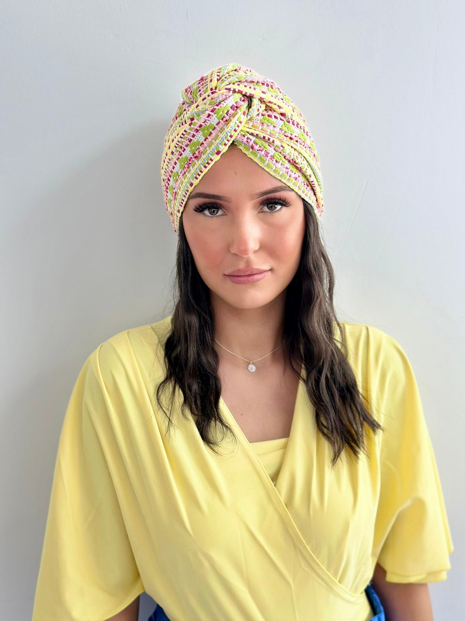 Turban Tweed Jaune Vert Rose