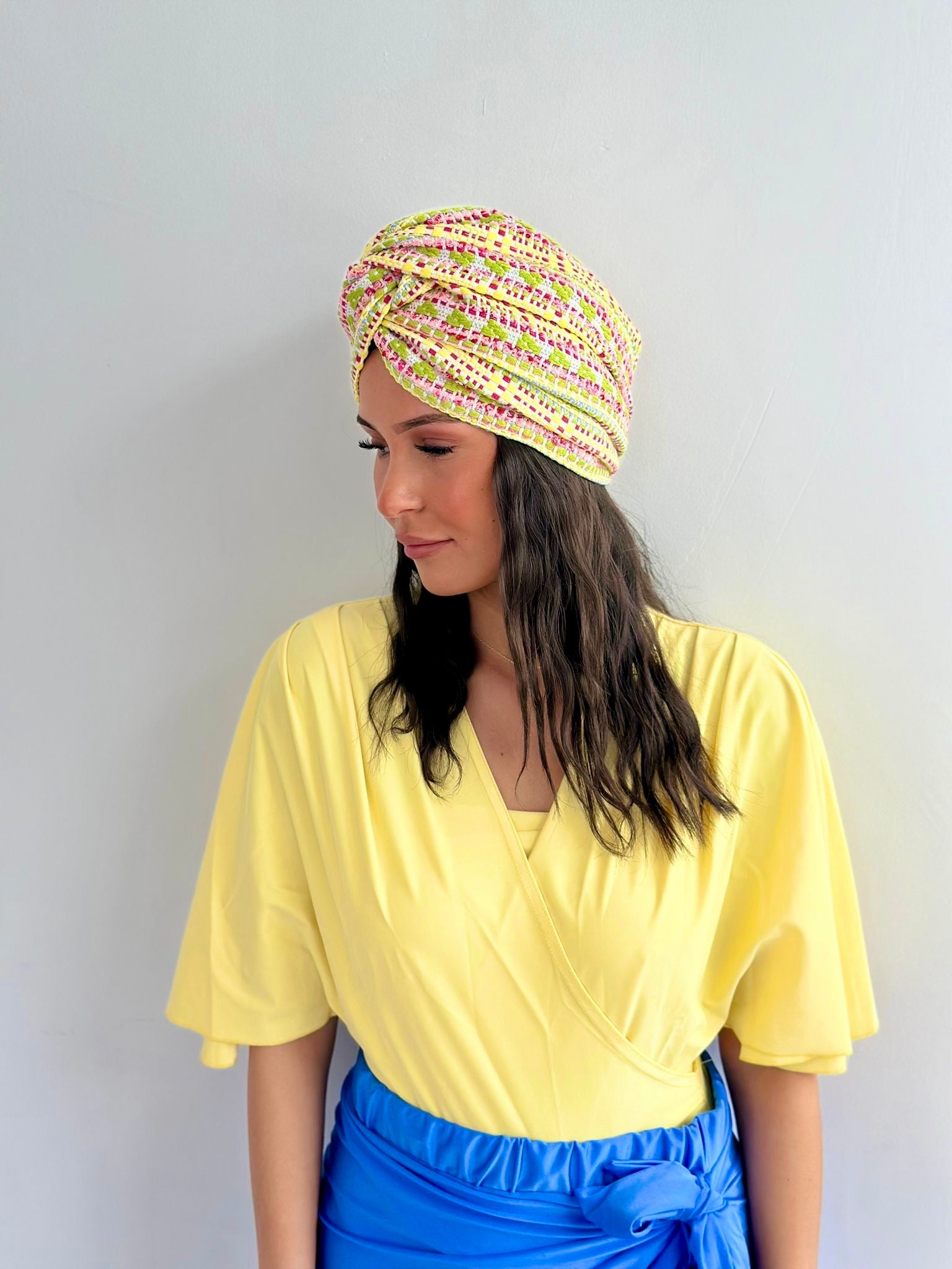 Turban Tweed Jaune Vert Rose