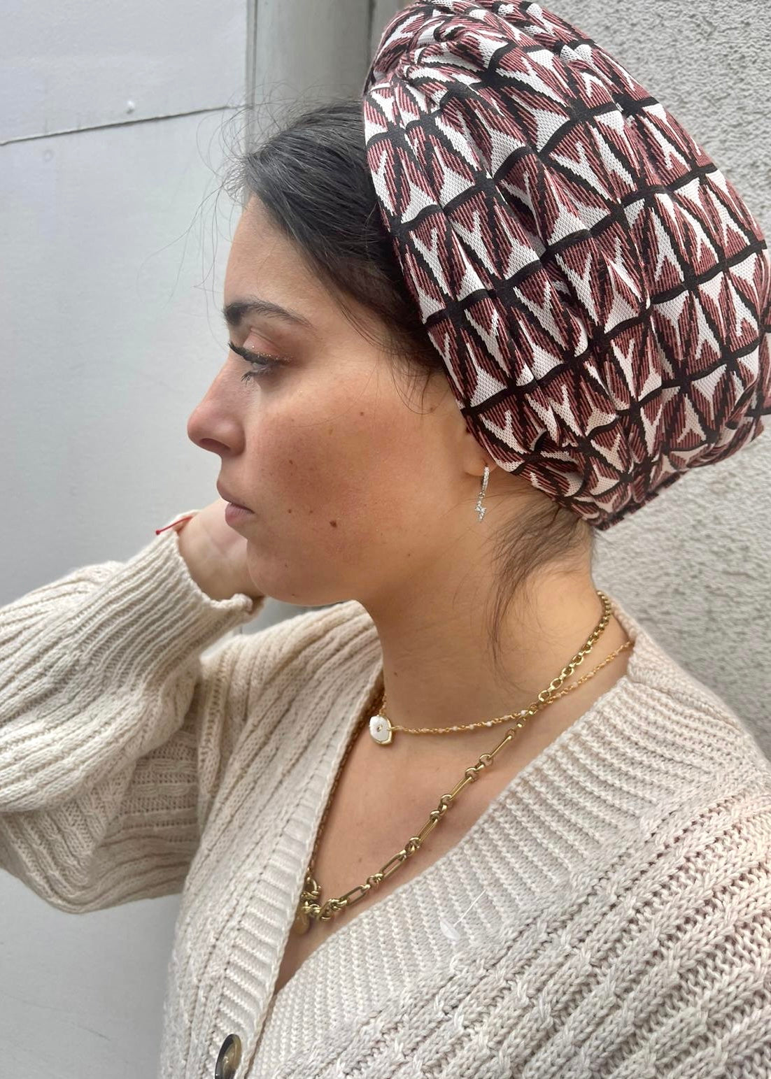 Turban Jacquard Prune et Blanc