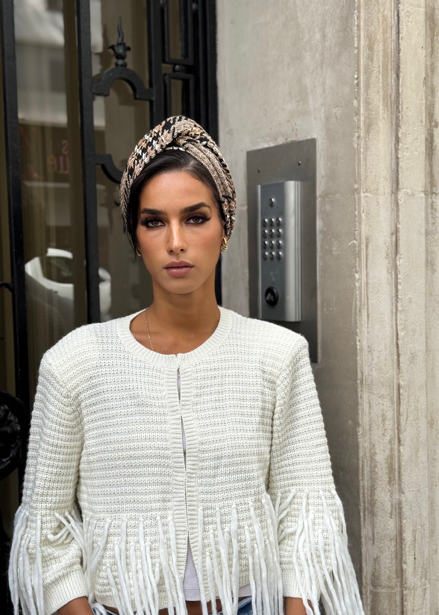 Turban tweed Carreau beige camel noir