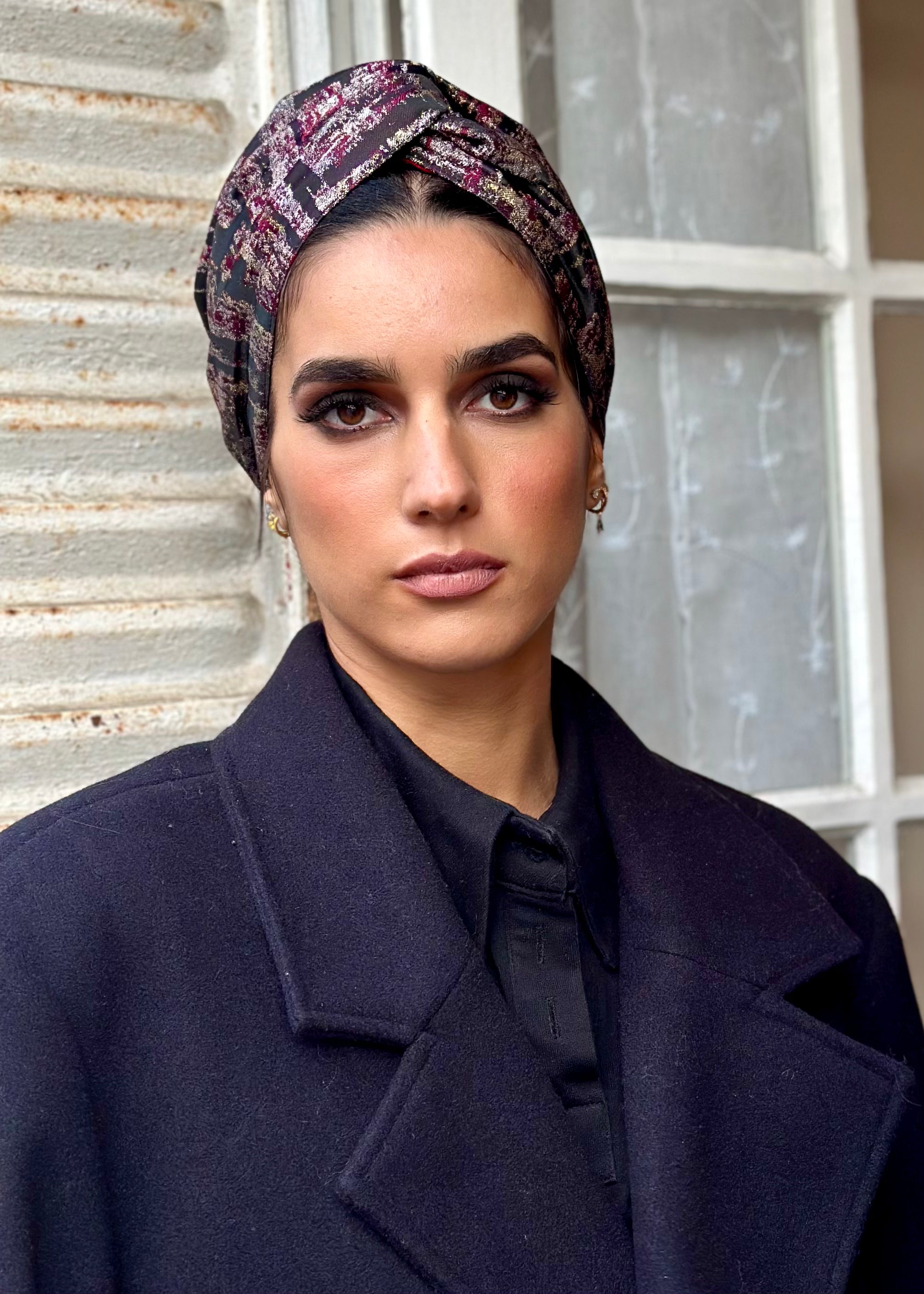 Turban Brocard Bordeaux Noir Or