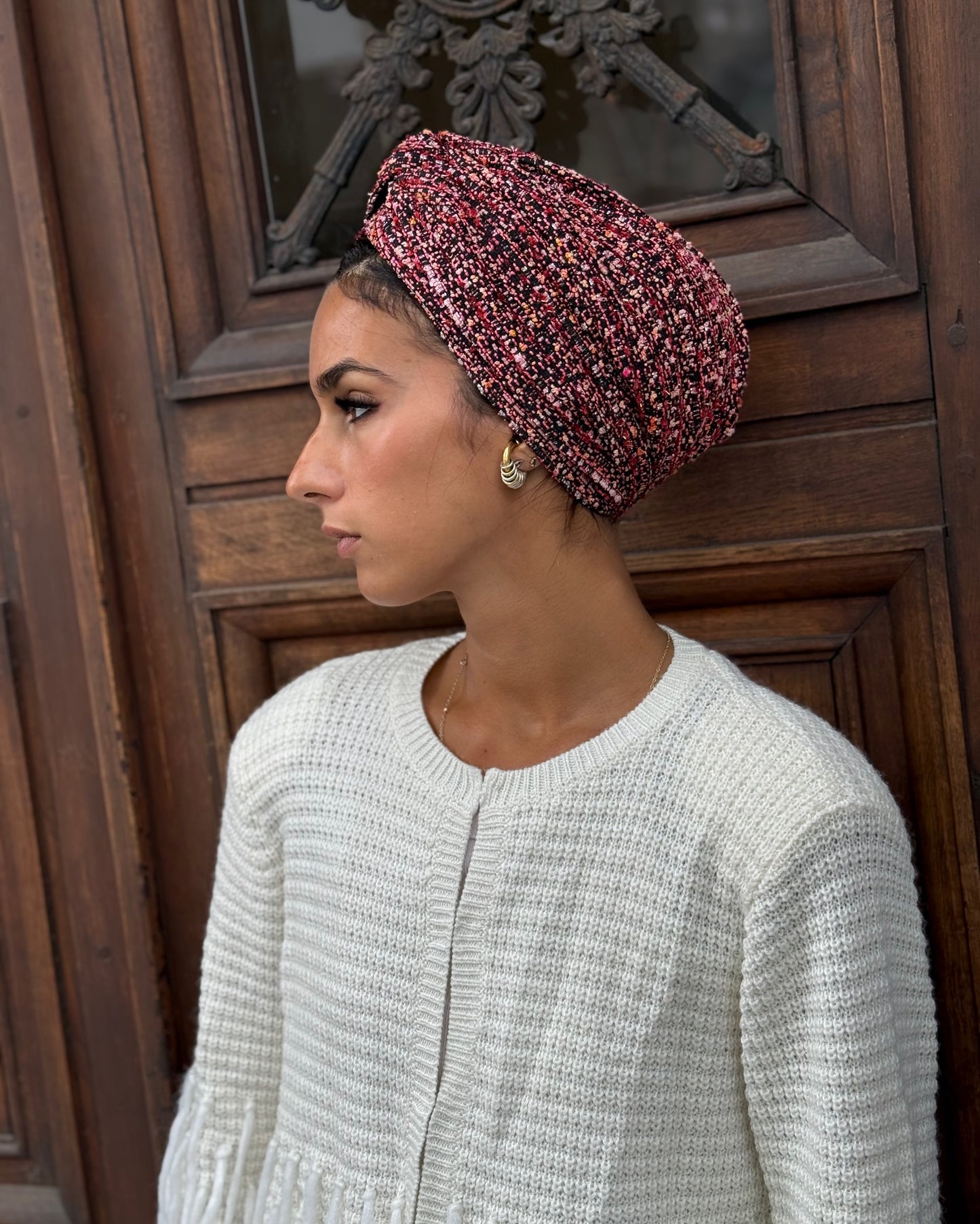 Turban tweed Bordeaux rose élégance