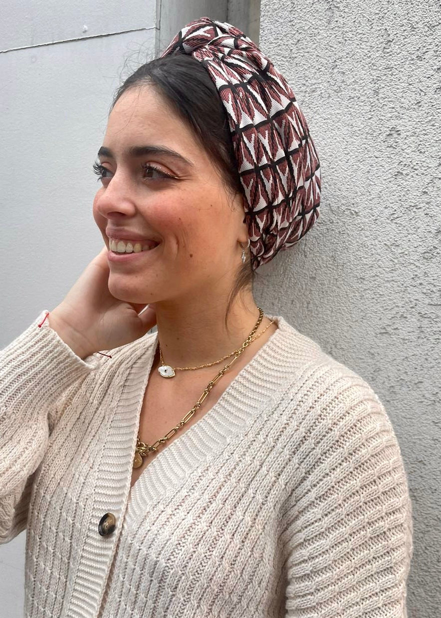 Turban Jacquard Prune et Blanc