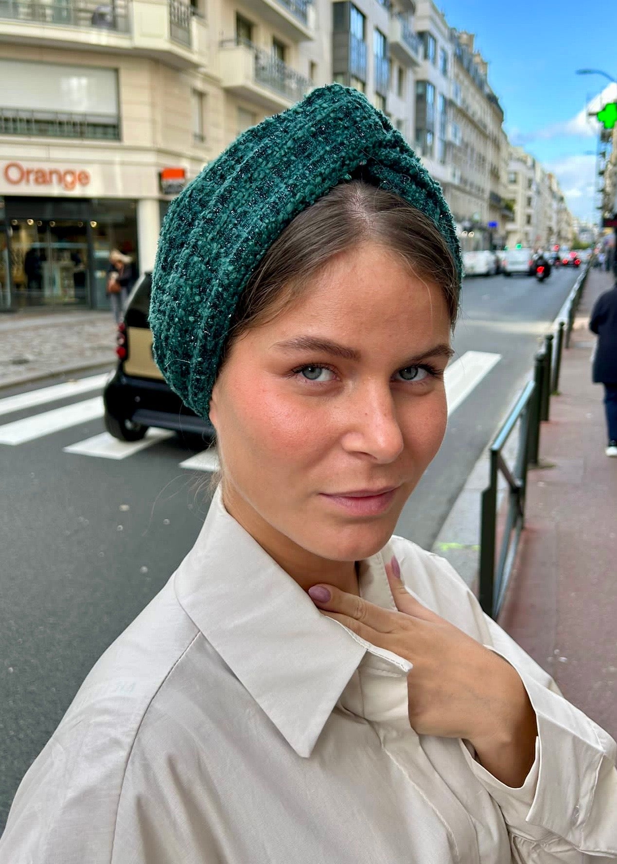 Turban tweed Vert Bouteille