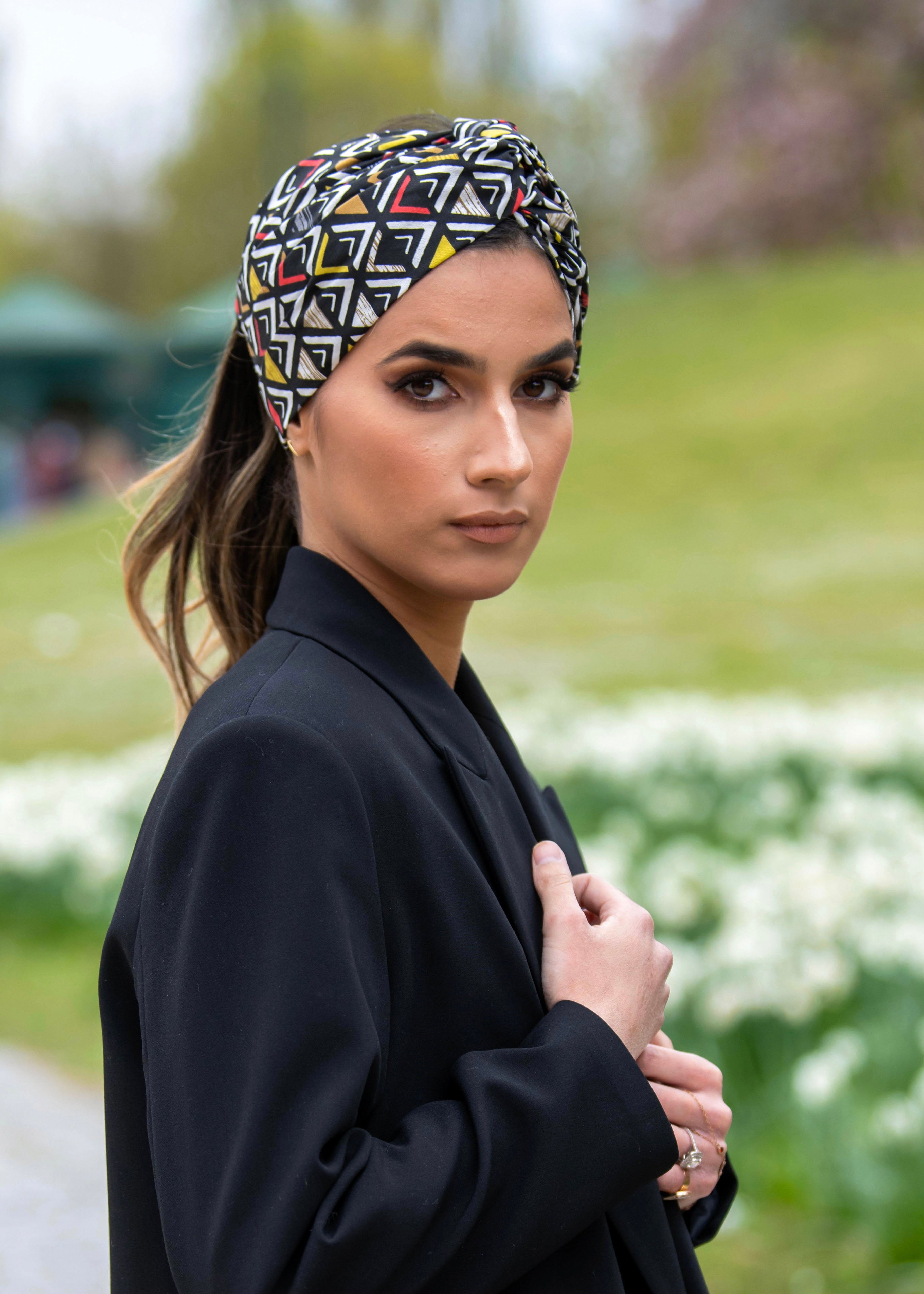 Turban Coton Imprime Geometrique Noir