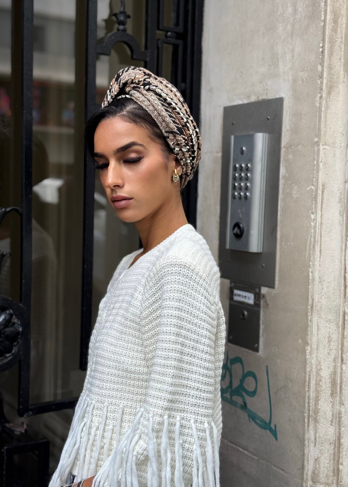 Turban tweed Carreau beige camel noir