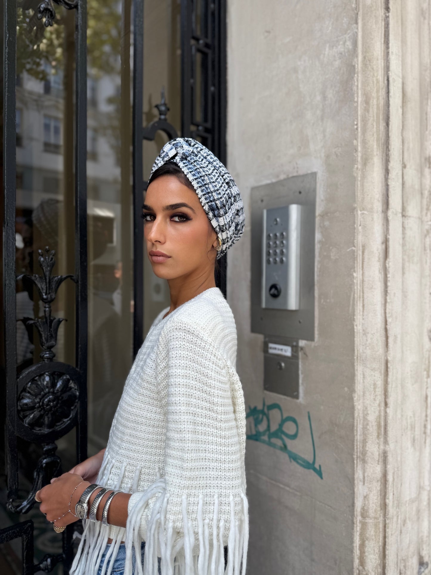 Turban tweed bleu blanc noir