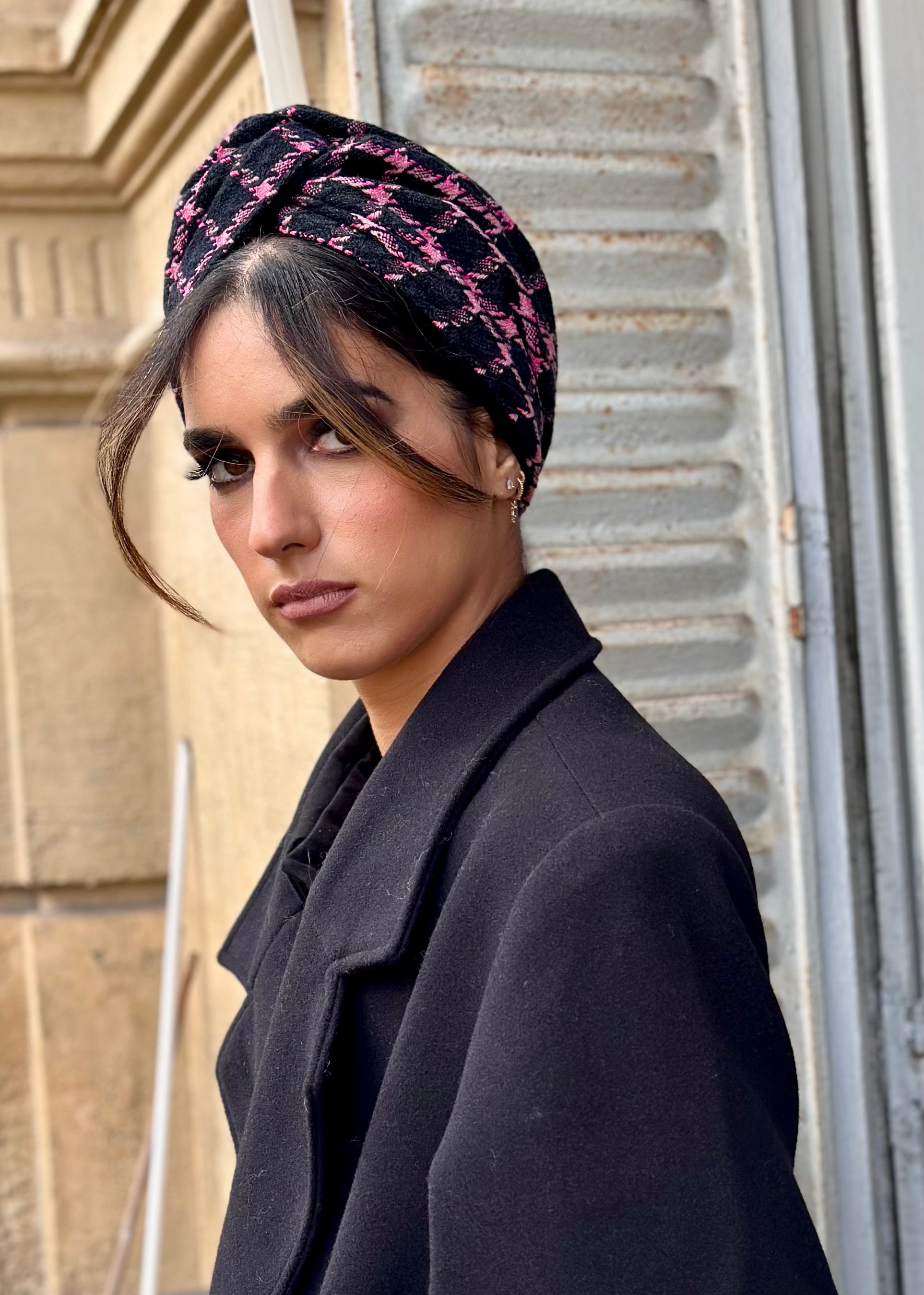 Turban tweed Carreau Noir et Rose