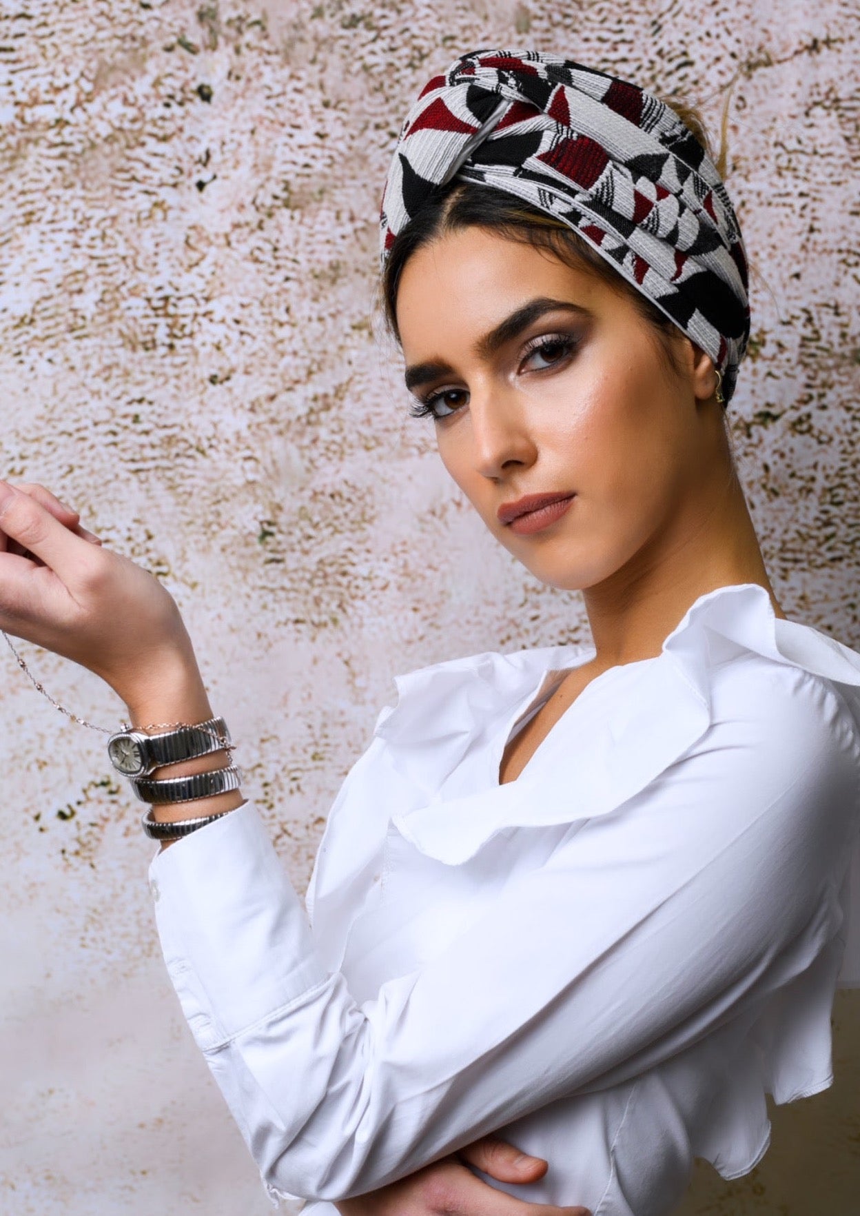 Turban Jacquard Noir Blanc Rouge