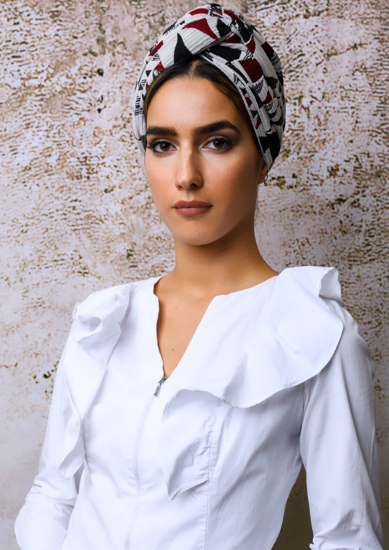 Turban Jacquard Noir Blanc Rouge