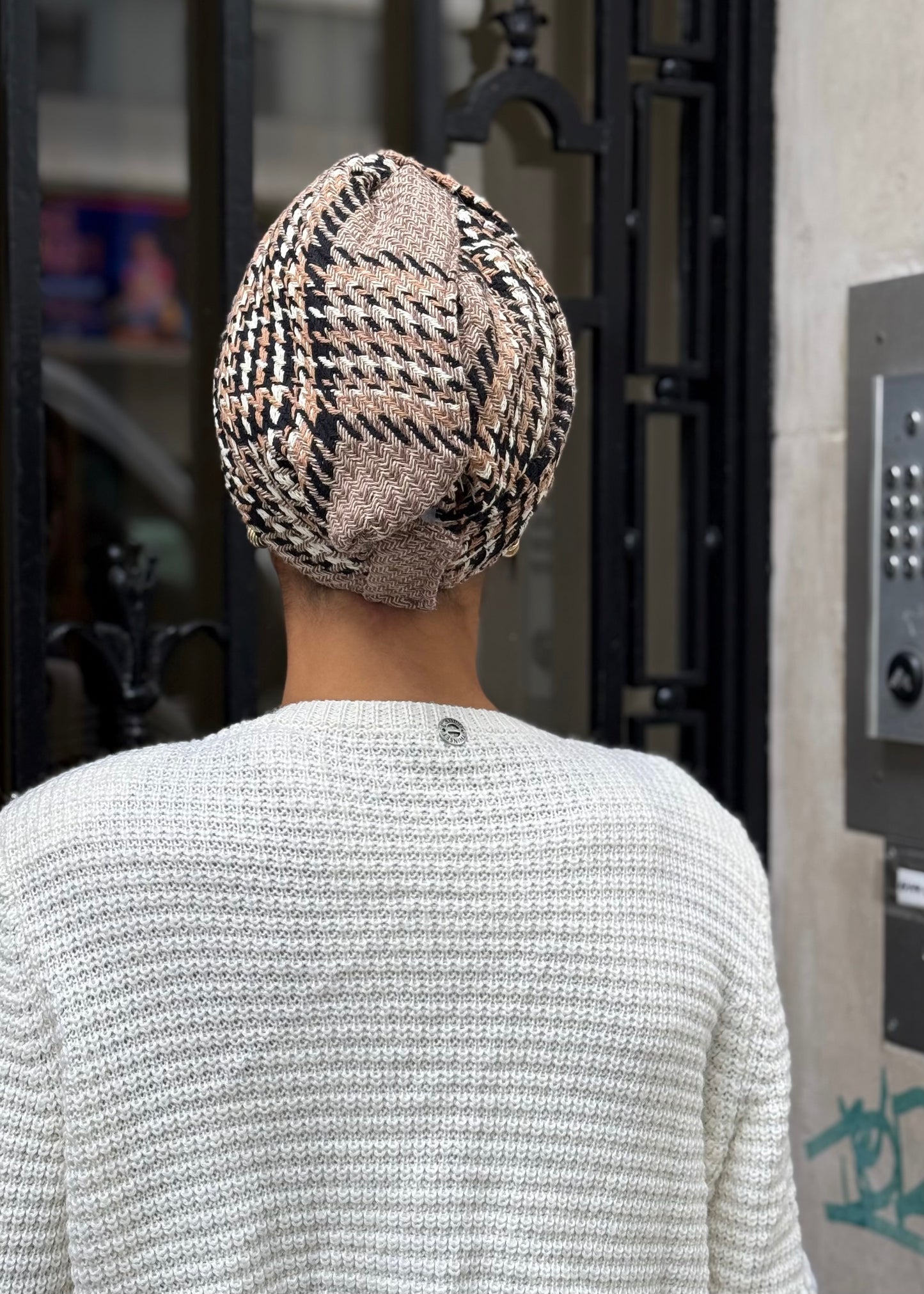 Turban tweed Carreau beige camel noir