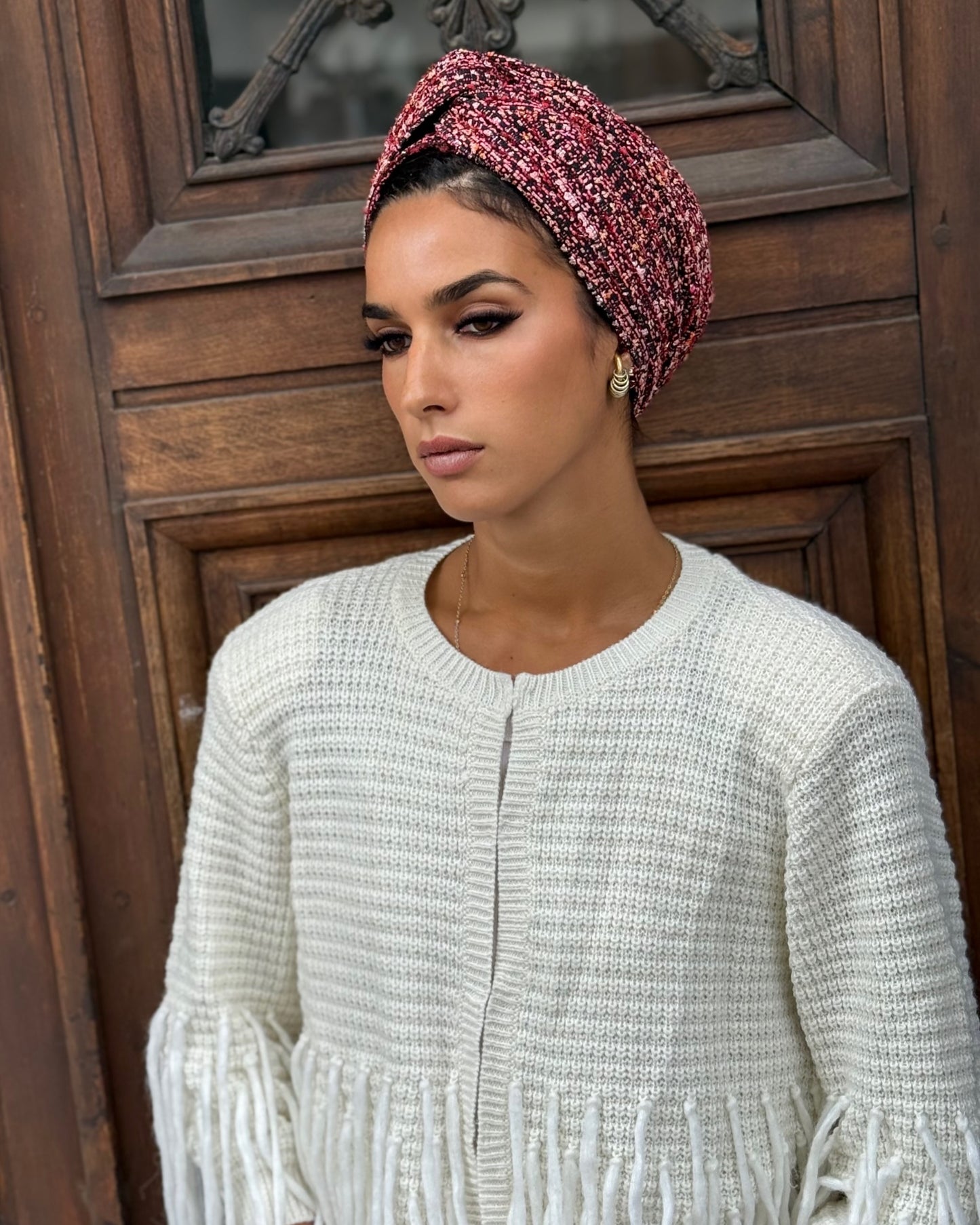 Turban tweed Bordeaux rose élégance