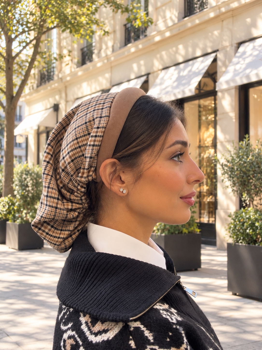 Serre-tête Camel filet Carreau beige et noir