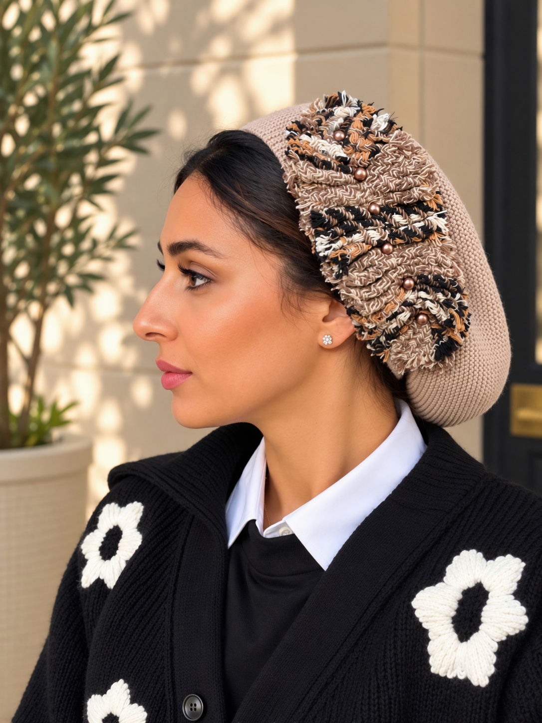 Béret beige motif tweed