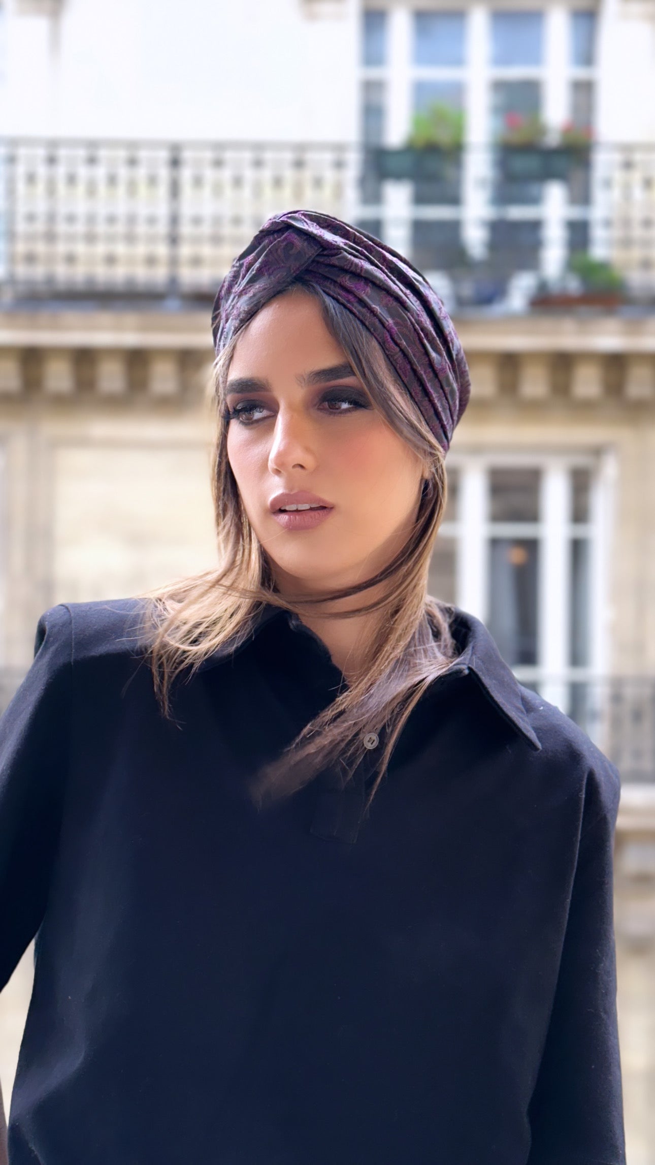 Turban Brocard Violet et Noir