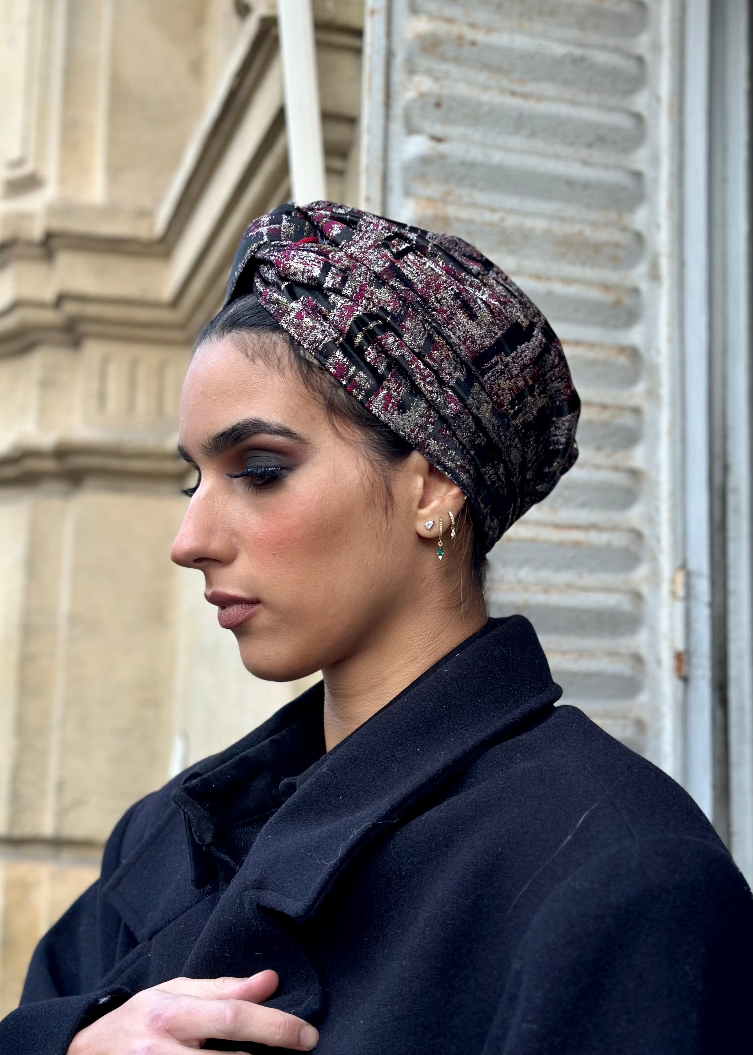 Turban Brocard Bordeaux Noir Or