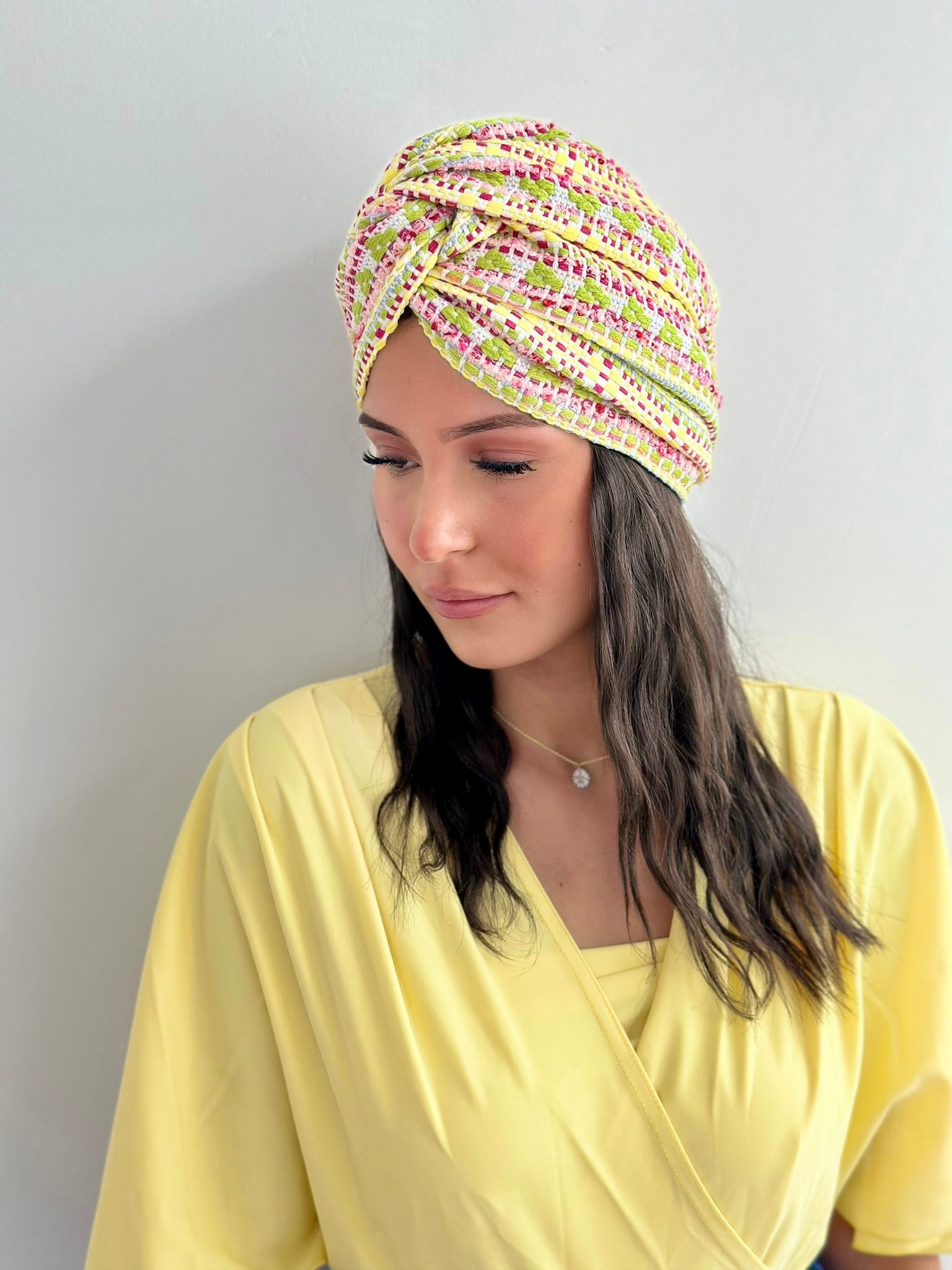 Turban Tweed Jaune Vert Rose