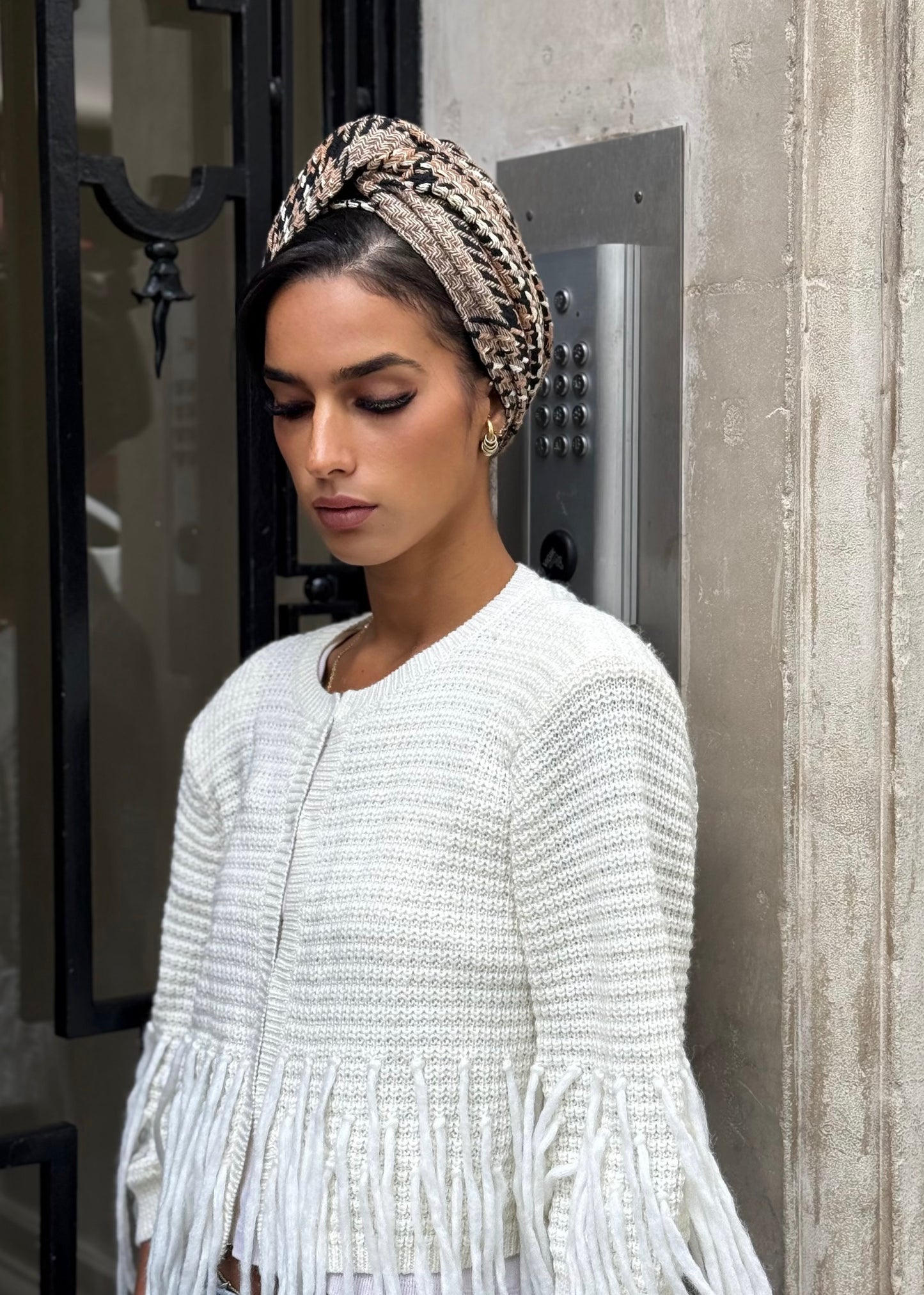 Turban tweed Carreau beige camel noir