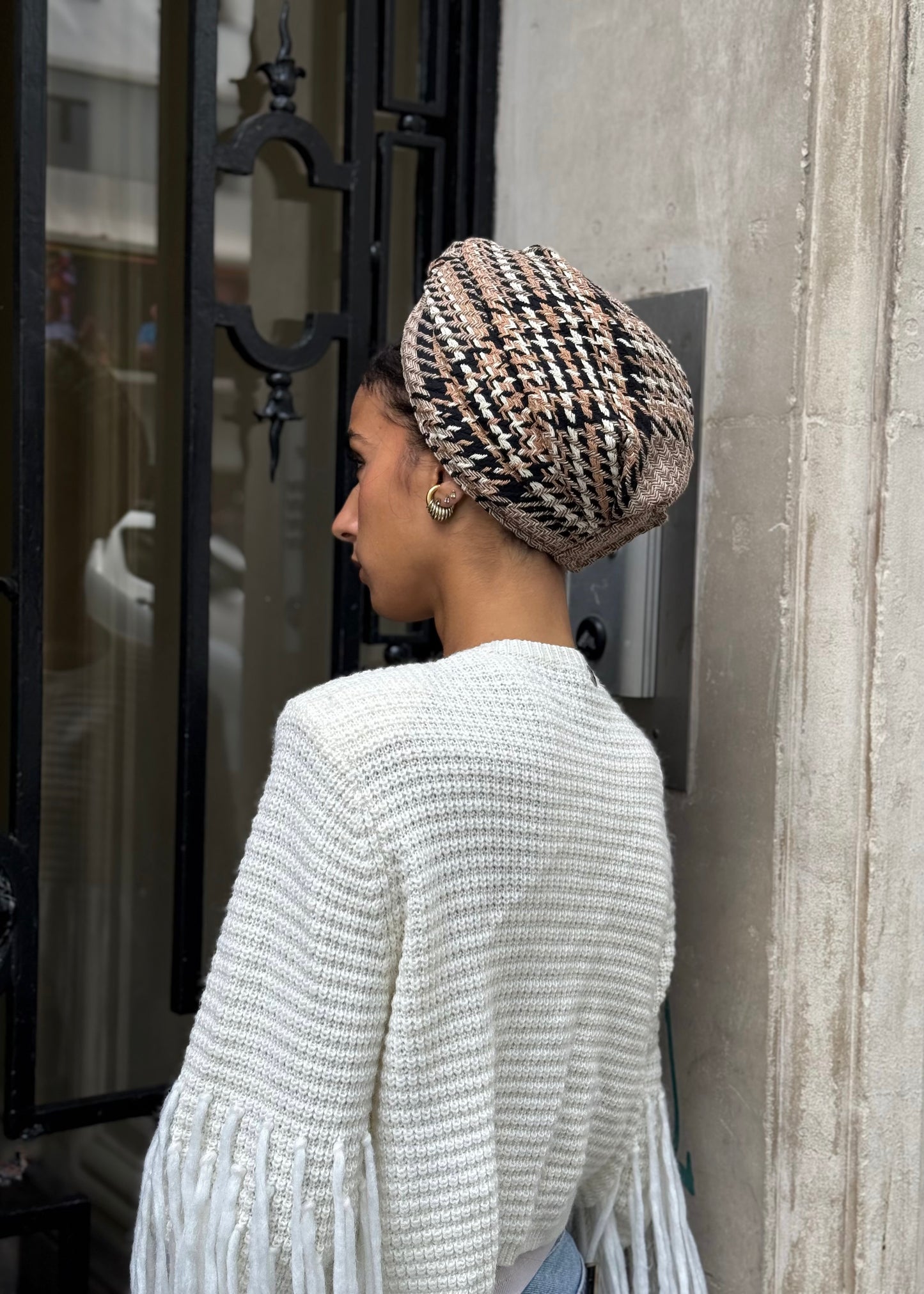 Turban tweed Carreau beige camel noir