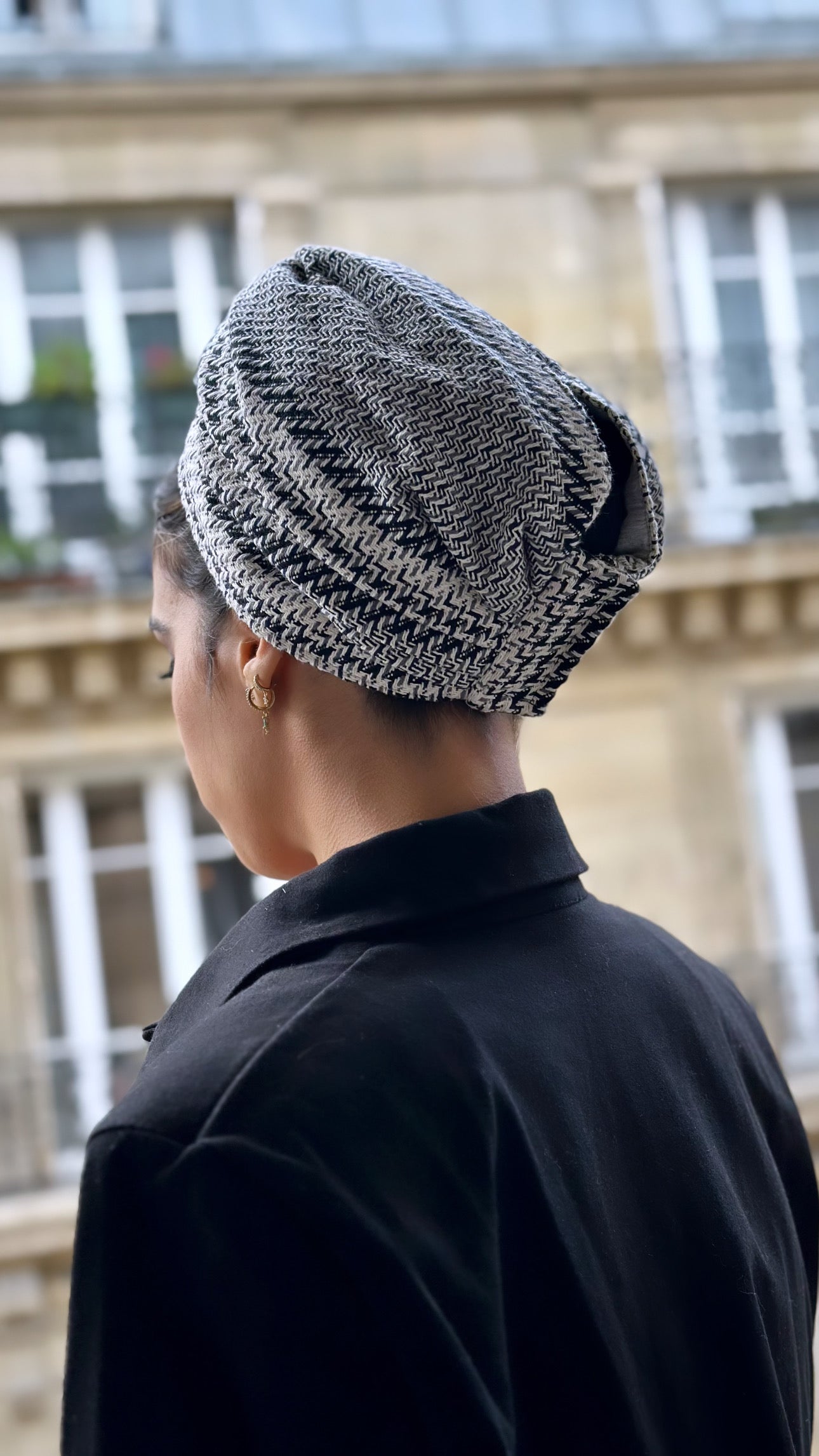 Turban Tweed Noir Gris Blanc