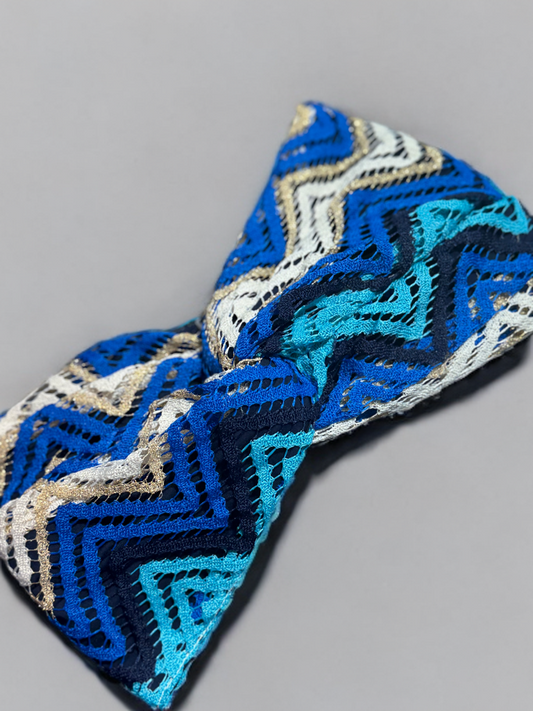 Turban Maille dentelle bleu écru blanc